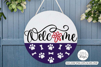 Welcome Round SVG | Dog Pawprint & Bones Design