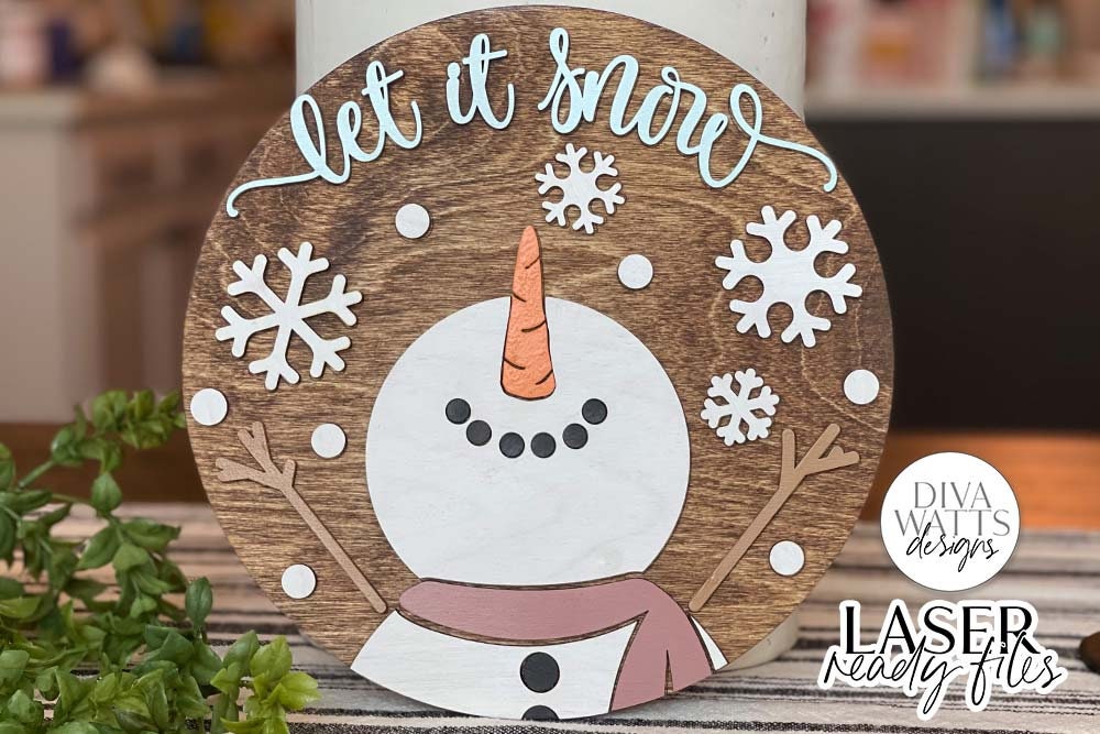 Let It Snow Glowforge SVG | Christmas Snowman Round Laser Cut File