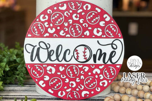 Welcome with Baseball Leopard Print Glowforge SVG | Laser Cut File