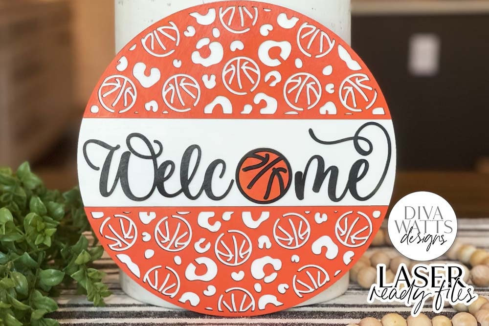 Welcome with Basketball Leopard Print Glowforge SVG | Laser Cut File