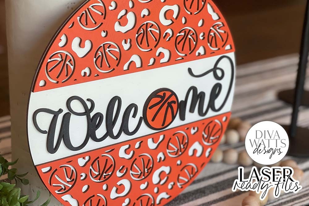 Welcome with Basketball Leopard Print Glowforge SVG | Laser Cut File