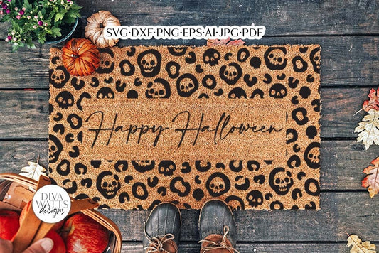 Happy Halloween Skull & Leopard Print SVG for Doormat / Welcome Mat