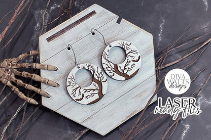 Spooky Tree With Bats Earrings Glowforge SVG | Halloween Earring Design