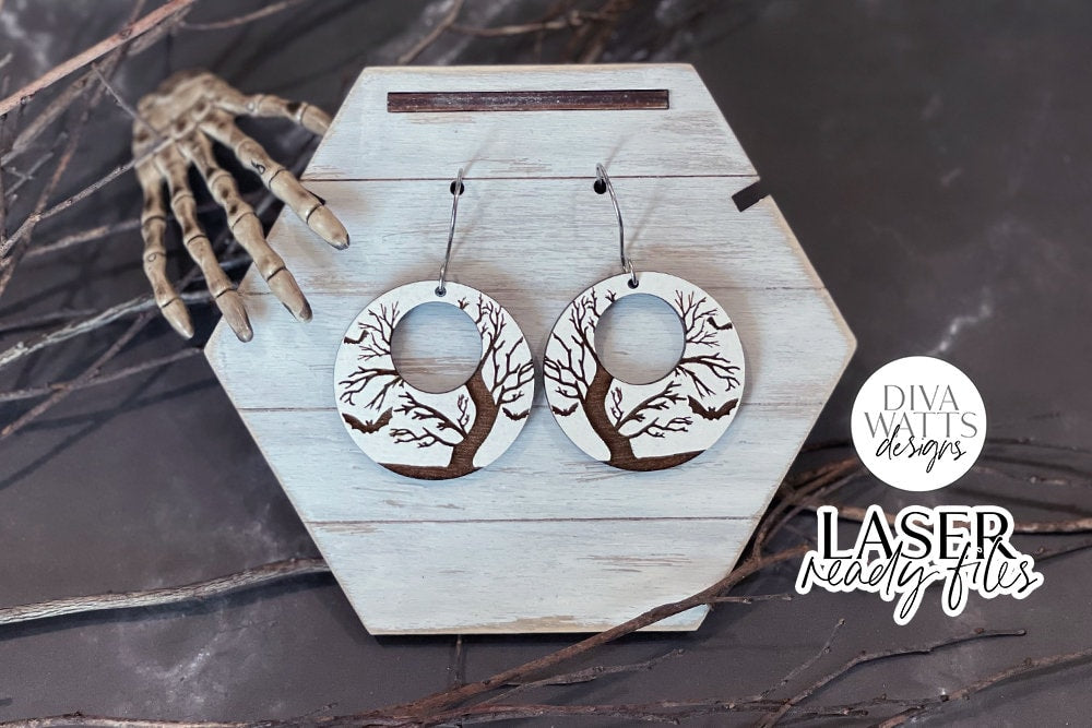 Spooky Tree With Bats Earrings Glowforge SVG | Halloween Earring Design