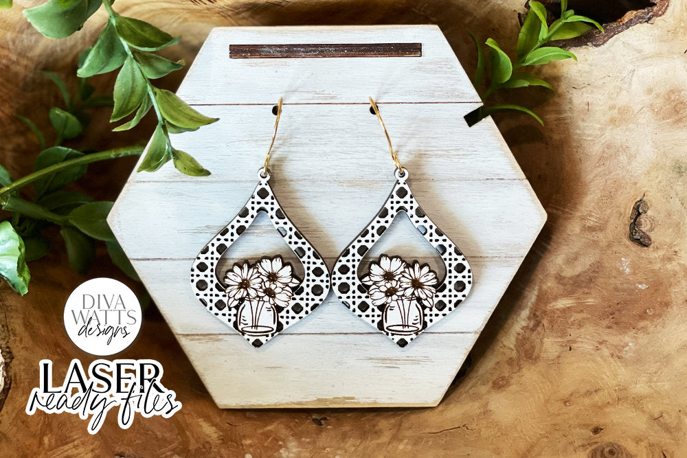 Modern Boho Mason Jar Florals Rattan Drop Earrings Glowforge SVG | Floral Laser File