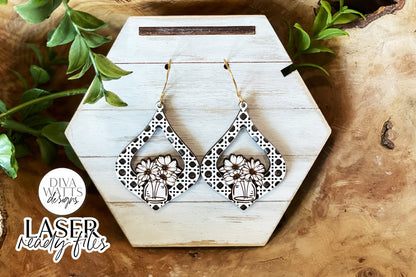 Modern Boho Mason Jar Florals Rattan Drop Earrings Glowforge SVG | Floral Laser File