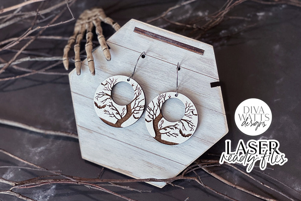 Spooky Tree With Bats Earrings Glowforge SVG | Halloween Earring Design