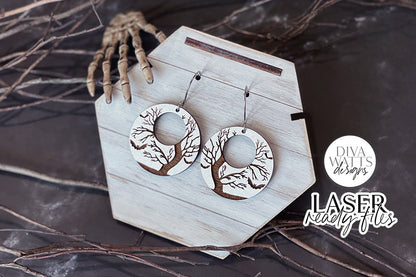 Spooky Tree With Bats Earrings Glowforge SVG | Halloween Earring Design