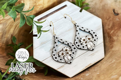 Modern Boho Mason Jar Florals Rattan Drop Earrings Glowforge SVG | Floral Laser File