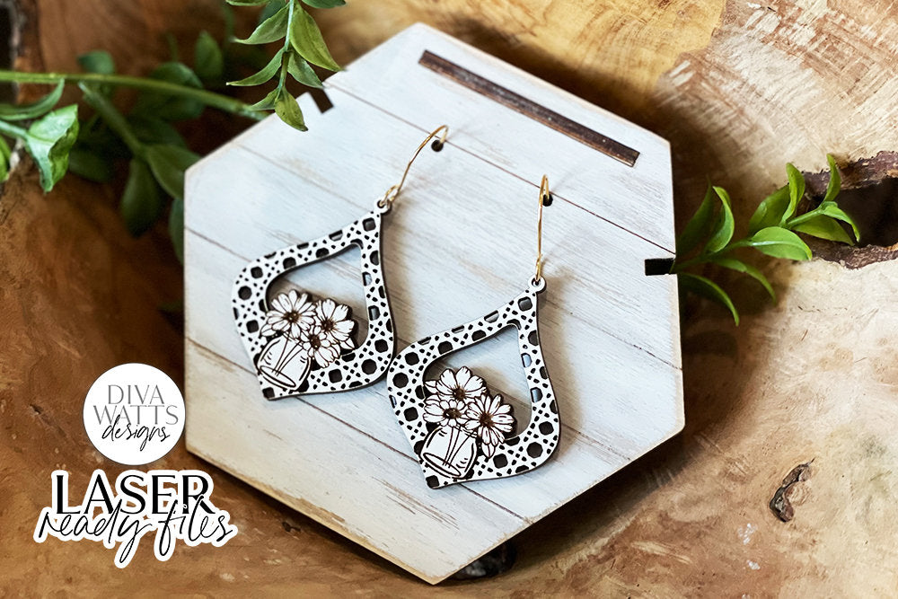 Modern Boho Mason Jar Florals Rattan Drop Earrings Glowforge SVG | Floral Laser File