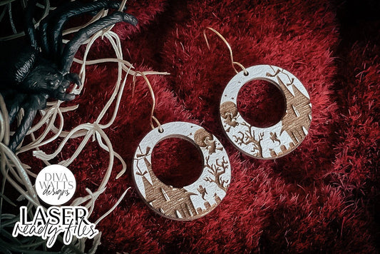 Spooky Tree With Haunted House Glowforge SVG | Halloween Earring Design