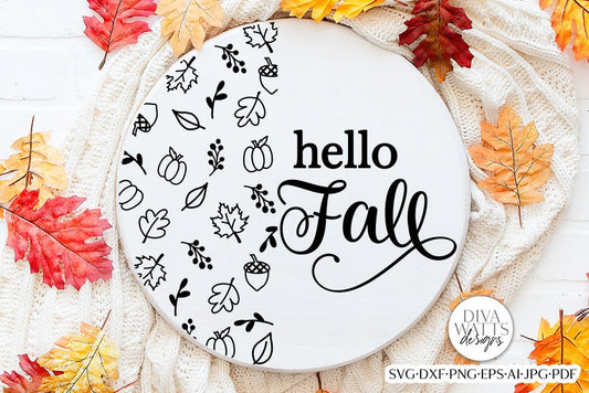 Hello Fall SVG | Round Autumn Pattern Door Hanger Design