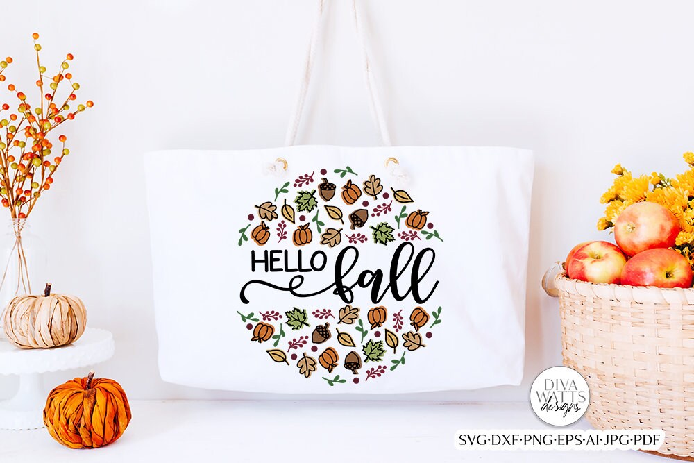 Hello Fall With Autumn Pattern SVG | Round Design