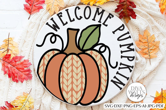 Welcome Pumpkin SVG | Autumn Knit Sweater Round Design