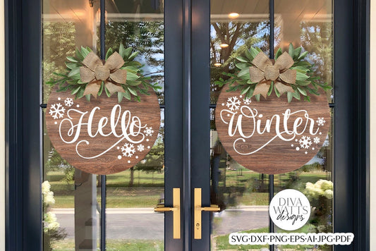 Hello Winter Double Doors SVG Set | Round Christmas Snowflakes Door Hanger Design
