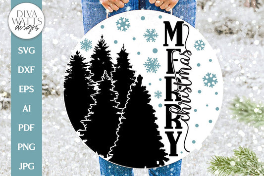 Merry Christmas SVG | Winter Trees Silhouette with Snowflakes Round Design