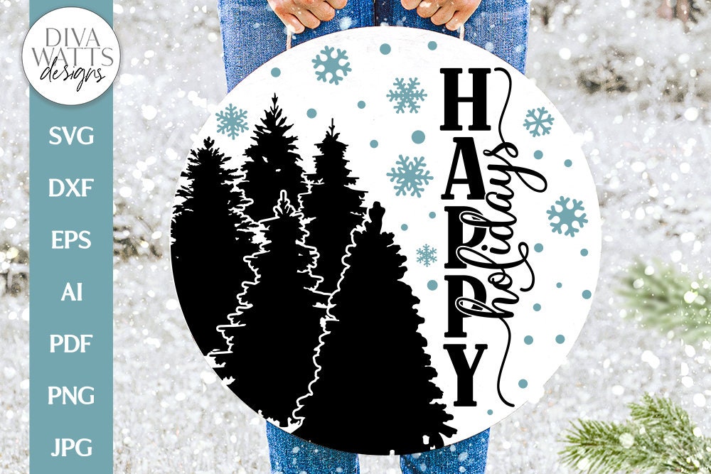 Happy Holidays SVG | Winter Trees Silhouette with Snowflakes Round Design