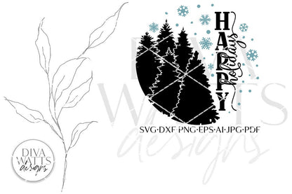 Happy Holidays SVG | Winter Trees Silhouette with Snowflakes Round Design