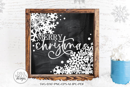 Merry Christmas With Snowflakes SVG | Farmhouse Square Design