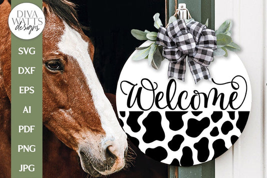 Welcome With Cow Print Half Round | Round Sign SVG