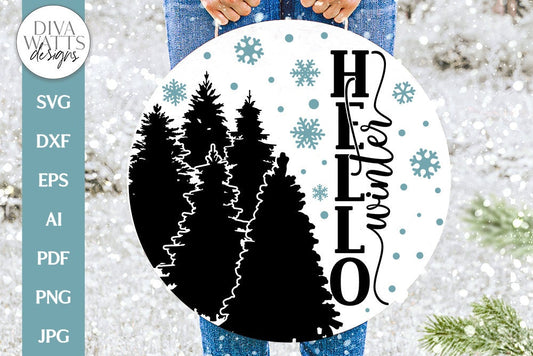Hello Winter SVG | Winter Trees Silhouette with Snowflakes Round Design