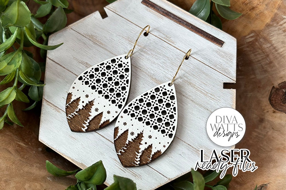 Winter Tree Scene Earrings Glowforge SVG | Laser Boho Rattan Jewelry Design