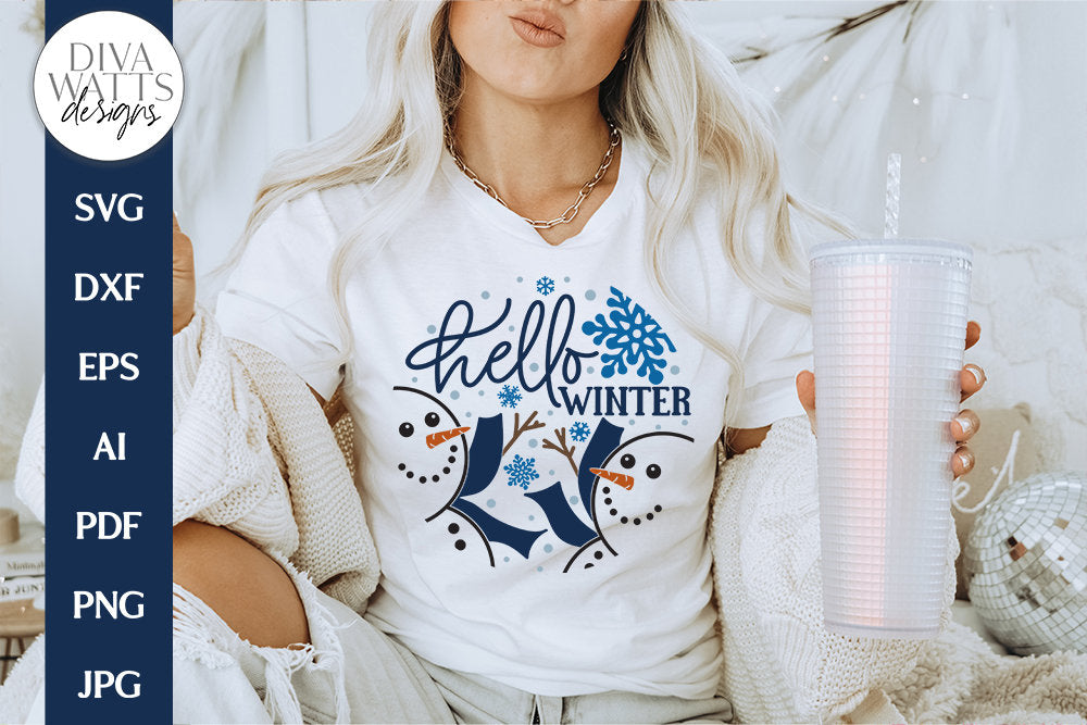 Hello Winter Snowman SVG | Christmas Round Design