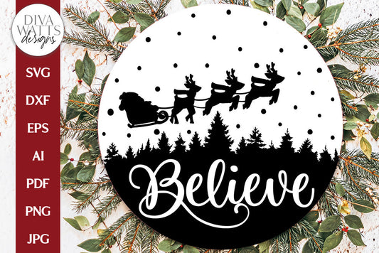 Believe SVG | Santa in Sleigh With Tree Silhouette Design
