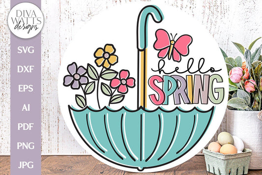 Hello Spring SVG | Floral Umbrella Spring Time Design