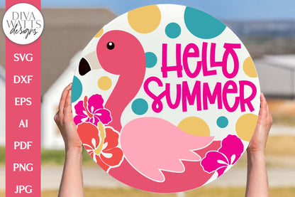 Hello Summer SVG | Pink Flamingo & Hibiscus Door Hanger Design