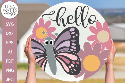 Hello SVG | Spring Butterfly and Daisies Door Hanger Design