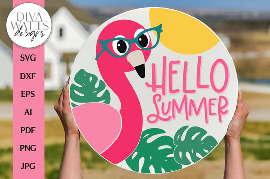 Hello Summer SVG | Pink Flamingo & Monstera Leaves Door Hanger Design