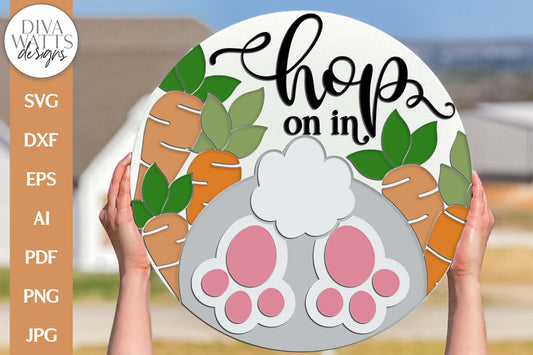 Hop On In SVG | Easter Bunny Butt & Carrots Door Hanger Design