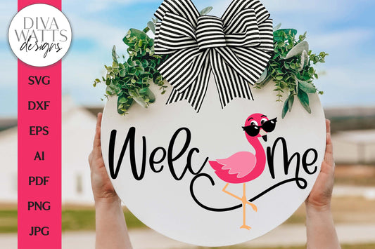 Welcome SVG | Funny Pink Flamingo Door Hanger Design