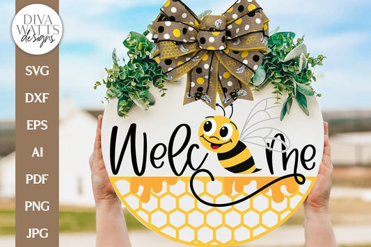 Welcome SVG | Cute Bee & Honeycomb Door Hanger Design