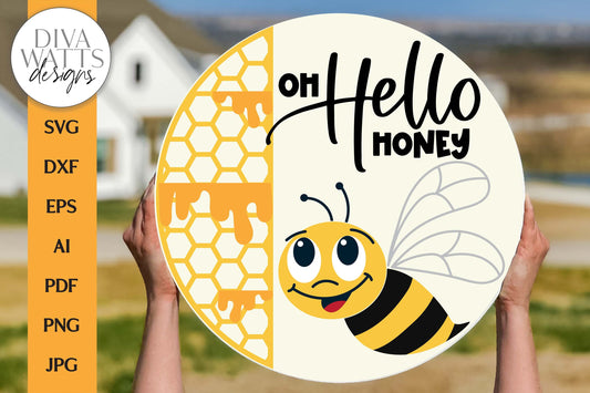Oh Hello Honey  SVG | Cute Bee & Honeycomb Door Hanger Design