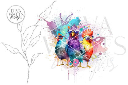 Watercolor Cool Chickens With Sunglasses | Sublimation PNG