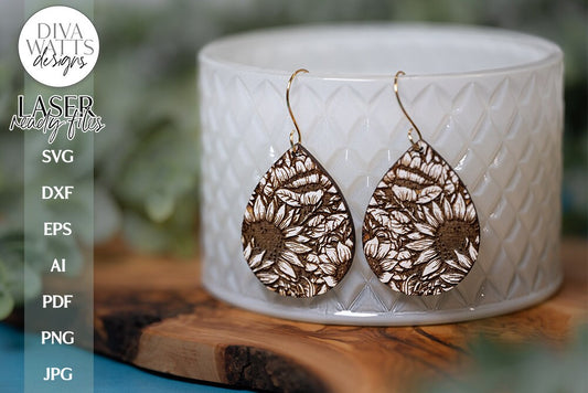 Sunflower Earrings SVG | Tear Drop Laser Earrings | Flowers Dangle Earrings
