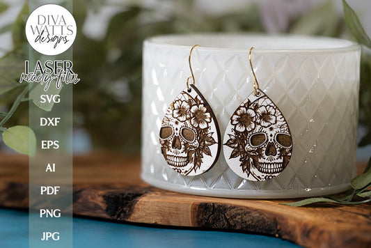 Sugar Skull And Flowers Earrings SVG | Tear Drop Laser Earrings | Dangle Earrings