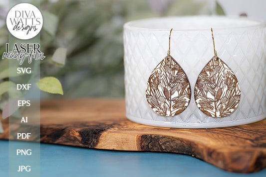 Botanical Earrings SVG | Tear Drop Laser Earrings | Floral Dangle Earrings