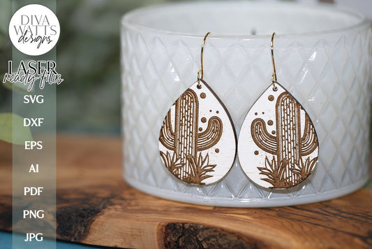 Cactus Earrings SVG | Tear Drop Laser Earrings | Southwestern Dangle Earrings