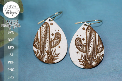 Cactus Earrings SVG | Tear Drop Laser Earrings | Southwestern Dangle Earrings