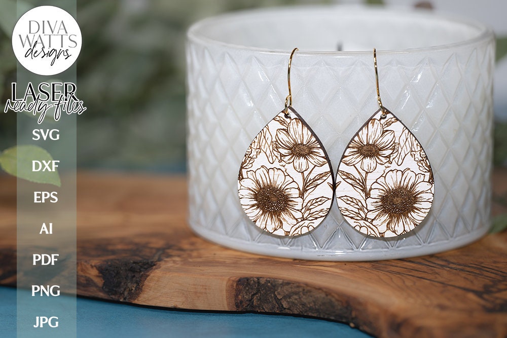 Floral Earrings SVG | Tear Drop Laser Earrings | Flower Dangle Earrings