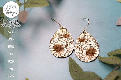 Floral Earrings SVG | Tear Drop Laser Earrings | Flower Dangle Earrings