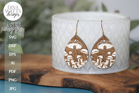 Mushroom Earrings SVG | Tear Drop Laser Earrings | Boho Dangle Earrings