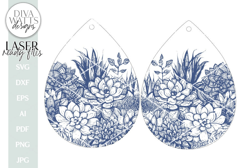 Succulents Earrings SVG | Tear Drop Laser Earrings | Botanical Dangle Earrings