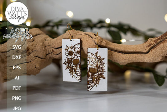 Sugar Skull And Flowers Earrings SVG | Rectangle Drop Laser Earrings | Dangle Earrings