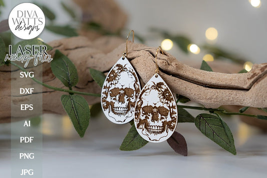 Skull and Flowers Earrings SVG | Tear Drop Laser Earrings | Dangle Earrings