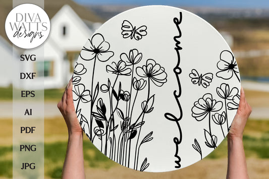 Welcome With Doodle Flowers SVG | Farmhouse Spring Welcome Design for Door Hanger | DXF and More Included
