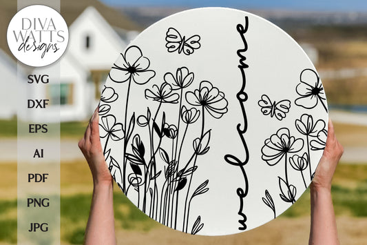 Welcome With Doodle Flowers SVG | Farmhouse Spring Welcome Design for Door Hanger | DXF and More Included